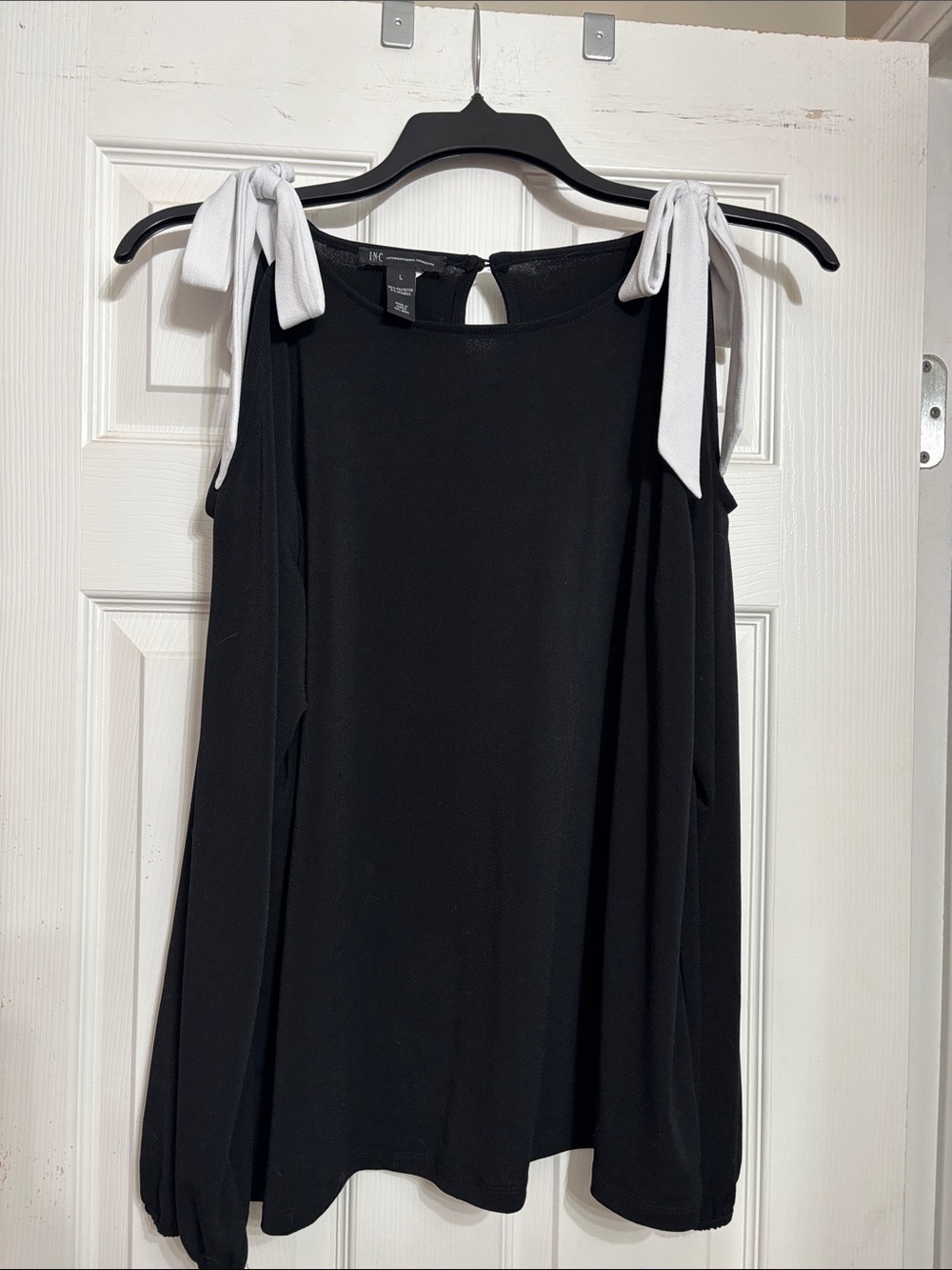 INC International Concepts Black Top with White Tie Shoulder Detail